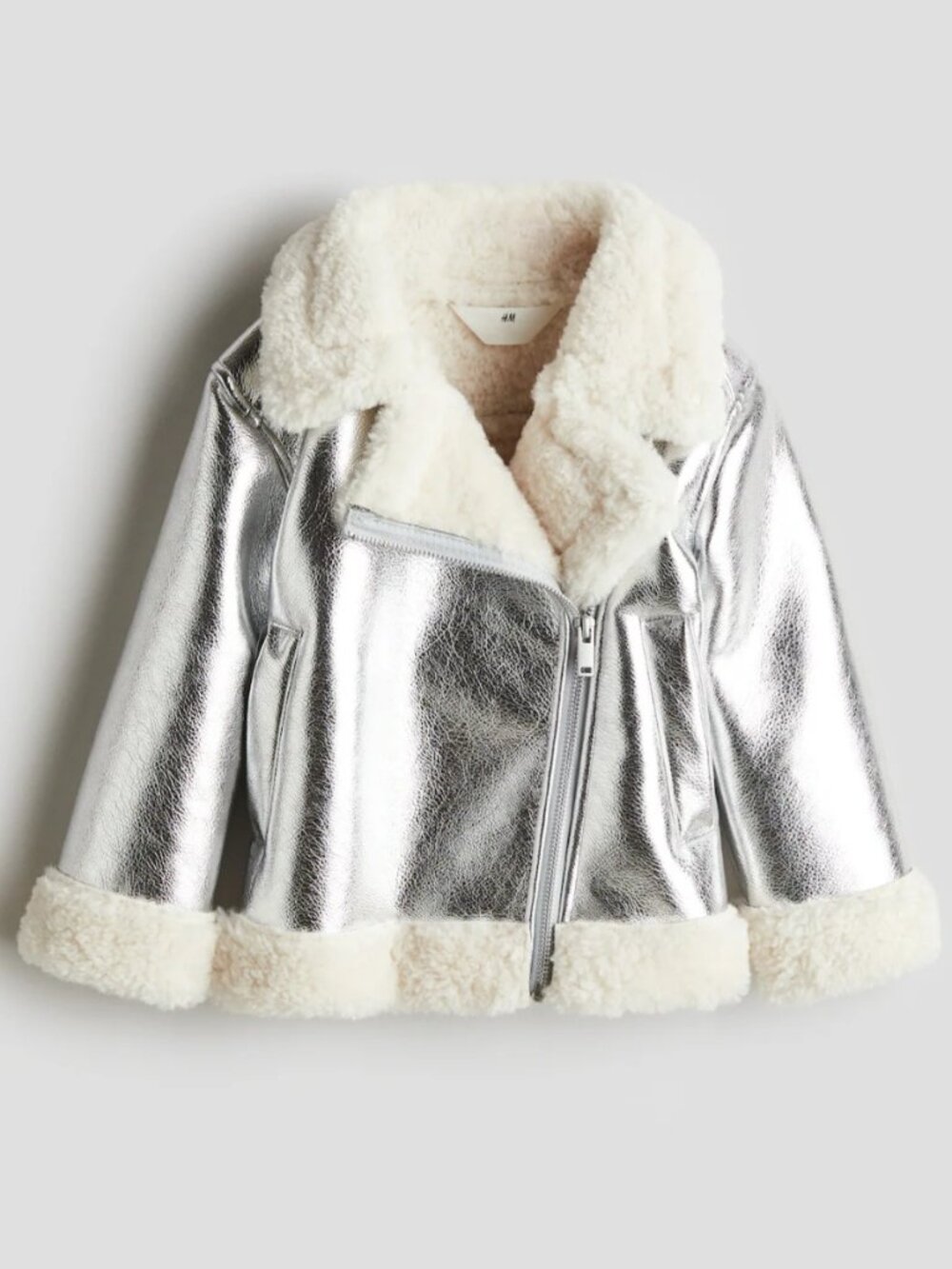 H&M Metallic Silver Faux Shearling Aviator Jacket 6Y